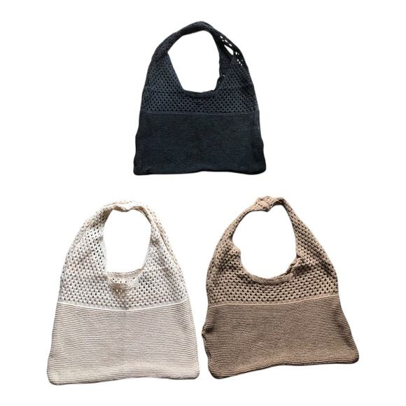 Set of 3 Knit Crochet Tote Bags Black Beige Cream Mesh Slouchy Hobo Reusable - Picture 1 of 11